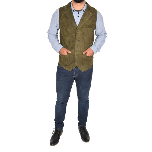 Mens Real Suede Leather Waistcoat Classic Vest Yelek Status Green Full