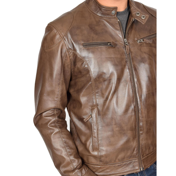 Mens Leather Jacket Biker Style Zip up Coat Bill Brown Feature