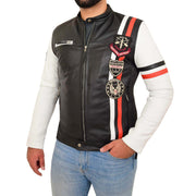 Mens Biker Leather Jacket Black White Sleeves Badges Stripes Sports Style Gears