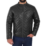 Mens Leather Puffer Jacket Black Padded Stand-up Band Collar Anorak Kyle