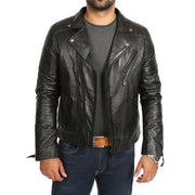 Mens Black Leather Biker Jacket X-Zip Fasten Trendy Designer Coat Max Open