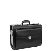 Exclusive Real Black Leather Pilot Case Wheeled Cabin Bag Briefcase London Front 2