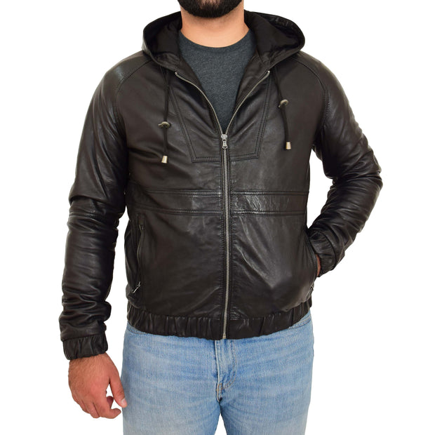 Mens Real Black Leather Bomber Hoodie Jacket Sports Fitted Coat Kent