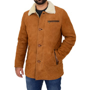 Mens Genuine Sheepskin Jacket Shearling 3/4 Long Coat Hank Cognac