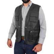 Mens Real Black Soft Leather Fisherman Waistcoat Multi Pockets Gilet Curt Open 3