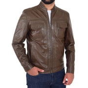 Mens Biker Leather Jacket Timber Brown Soft Nappa Fitted Standing Collar Tats Front 2