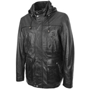 Mens Soft Leather Parka With Hood 3/4 Long Coat DAVE Black 4