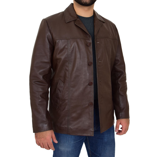 Mens Casual Leather Jacket Hip Length Brown Reefer Blazer Coat Harold Open 2