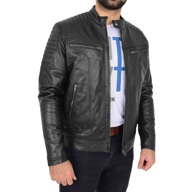 Trendy Genuine Soft Leather Biker Zipper Jacket For Men Rider Black Front 1