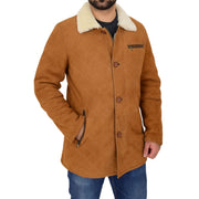 Mens Genuine Sheepskin Jacket Shearling 3/4 Long Coat Hank Cognac Front