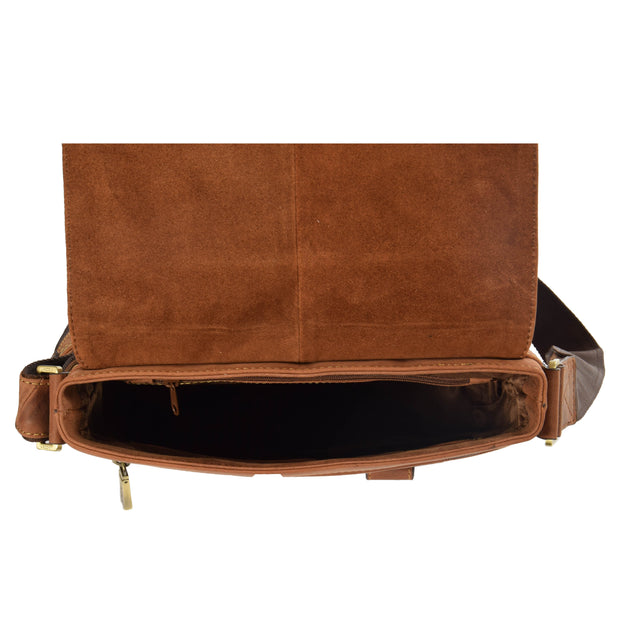 Real Leather Shoulder Messenger Vintage Organiser Flight Bag A761 Tan Top Open