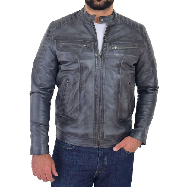 Trendy Genuine Soft Leather Biker Zipper Jacket For Men Rider Grey Front 4