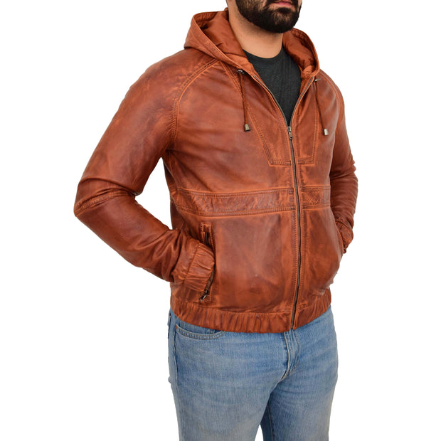 Mens Real Tan Leather Bomber Hoodie Jacket Sports Fitted Two Tone Coat Kent