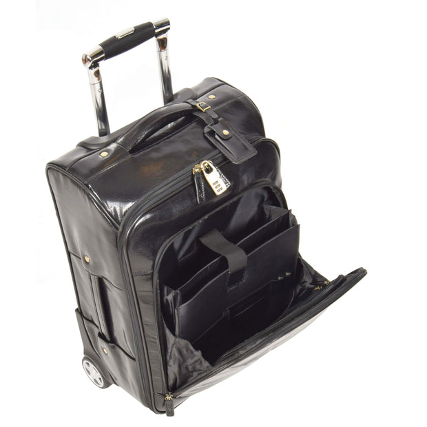 Real Leather Suitcase Cabin Trolley Hand Luggage A0518 Black Front Open