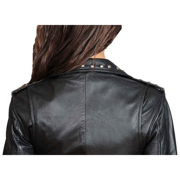 Ladies Studded Cropped Fitted Biker Leather Jacket Diane Black Back Feature