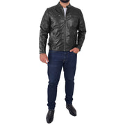 Mens Soft Leather Biker Jacket High Quality Quilted Design Tucker Black Full