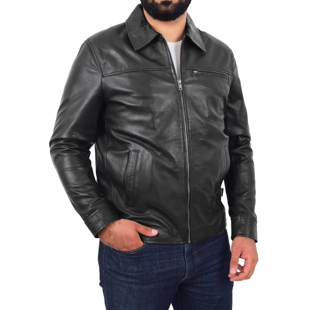 Mens Leather Jacket Genuine Soft Black Zip Fasten Box Style Sean Front 2