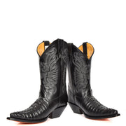 Real Leather Pointed Toe Croc Print Cowboy Boots AC229 Black Pair 1