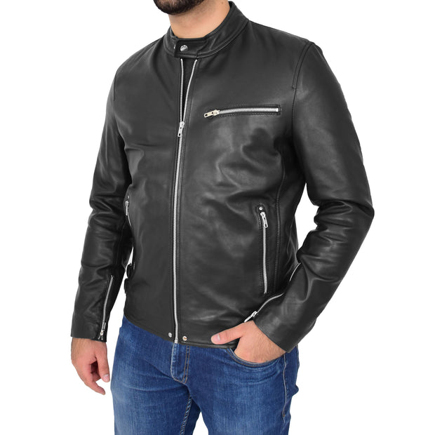 Mens Fitted Black Leather Biker Jacket Zip Fasten Brock Front 1