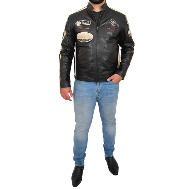 Mens BLACK Leather Biker Jacket Slim Fit Motor Sports Badges Coat Wayne Full