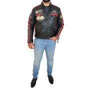 Mens Black Real Leather Biker Jacket Motorsport Racing Badges Designer Coat Frank Full