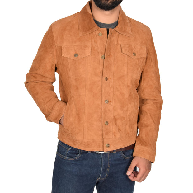 Mens Real Soft Goat Suede Trucker Denim Style Jacket Chuck Tan