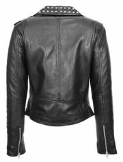Womens Black Leather Studded Biker Jacket Fitted Brando Style - Stella 1