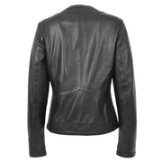 Women Collarless Black Leather Jacket Fitted Quilted Zip Up - Remi Back