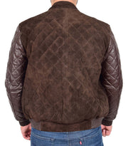 Mens Bomber Jacket Brown Suede and Leather Slim Fit Fully Quilted - Axel