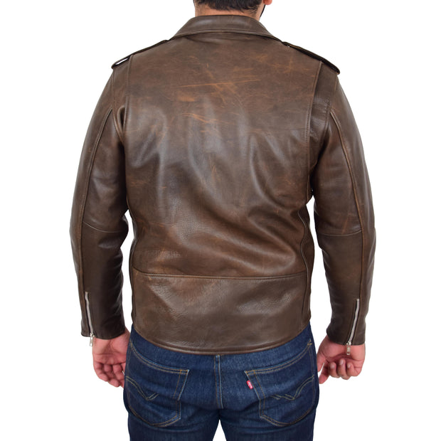 Mens Genuine Cowhide Biker Jacket Heavy Duty Antique Brown Leather Coat Rock Back