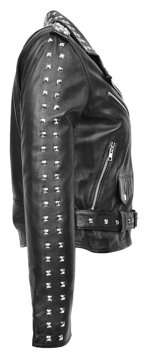 Womens Black Leather Studded Biker Jacket Fitted Brando Style - Stella 2