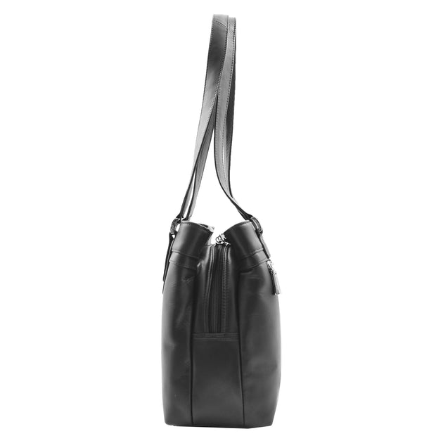 Womens Leather Shoulder Bag Multi Zip Pockets Handbag Polly Black Side