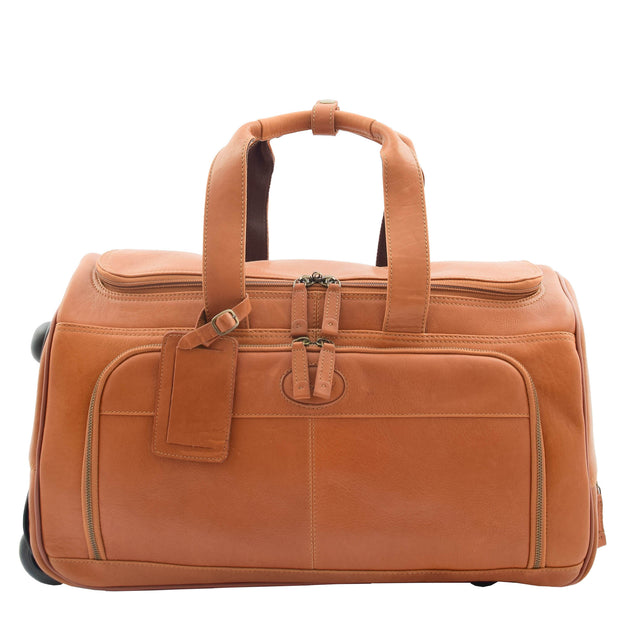 Wheeled Tan Leather Holdall Telescopic Handle Travel Duffle Ozwald Front 1