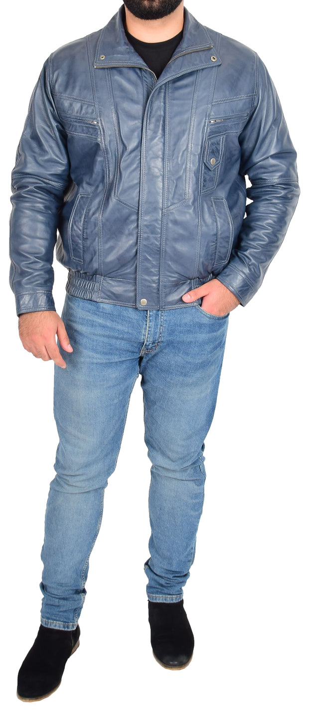Gents Leather Bomber Jacket Blue Classic Casual Style Blouson Alan