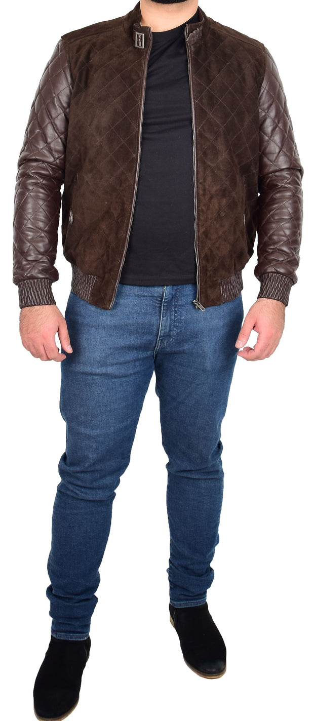 Mens Bomber Jacket Brown Suede and Leather Slim Fit Fully Quilted - Axel 3