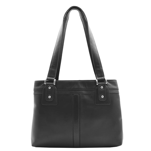Womens Leather Shoulder Bag Multi Zip Pockets Handbag Polly Black Front 1