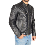 Mens Cafe Racer Biker Leather Slim Fit Jacket Teddy Black Front 1