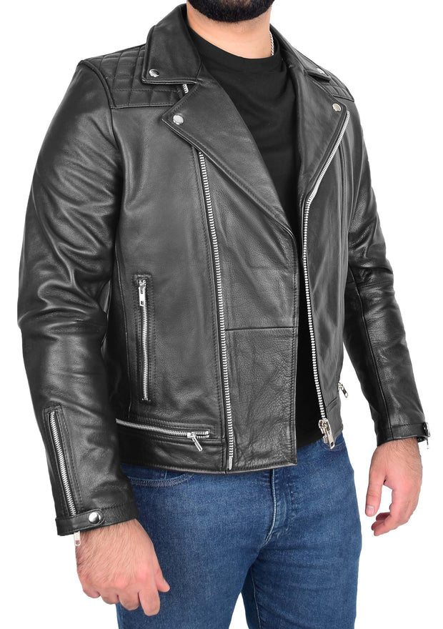 Men Genuine Black Cowhide Biker Leather Jacket Trendy Cafe Racer Brando Cruz 4