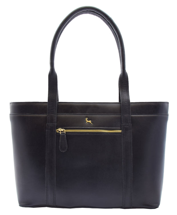 Womens Genuine Cowhide Leather Shoulder Bag Large Shopper Handbag Mazie Black
