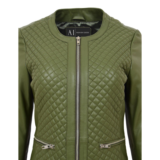 Women Collarless Olive Green Leather Jacket Fitted Quilted Zip Up - Remi Feature 1