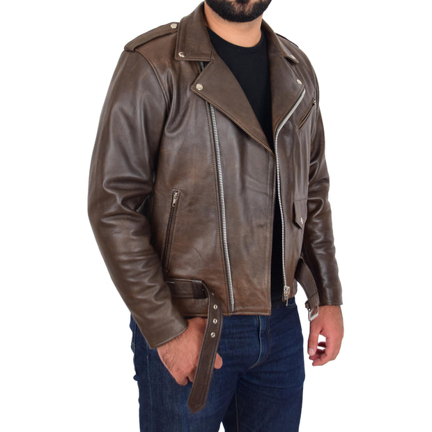 Mens Genuine Cowhide Biker Jacket Heavy Duty Antique Brown Leather Coat Rock Open 3