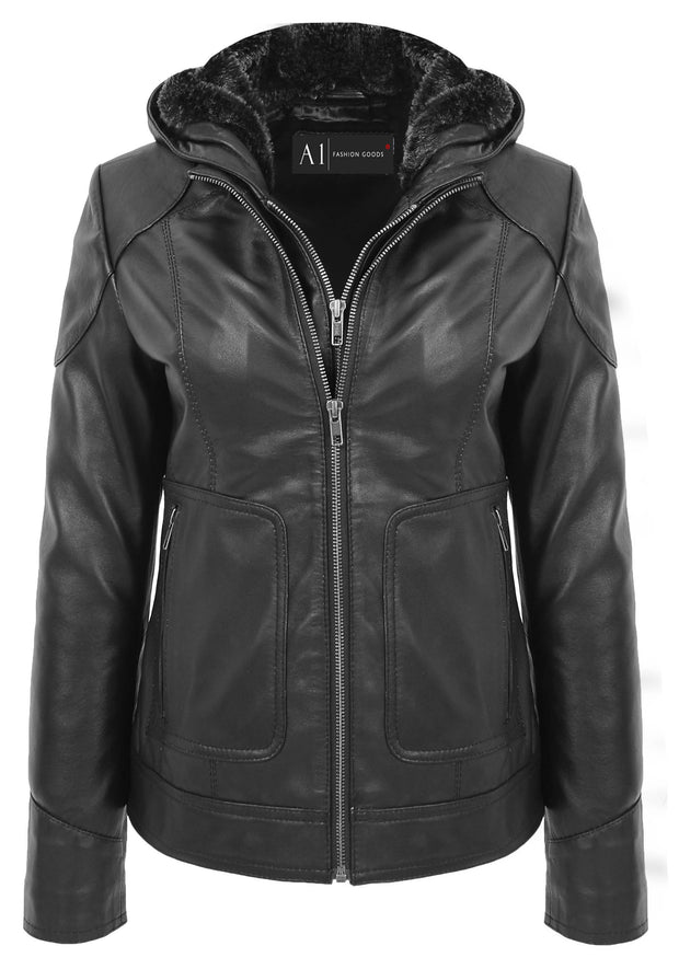 Womens Genuine Black Leather Biker Style Jacket With Removable Hood Sally 5