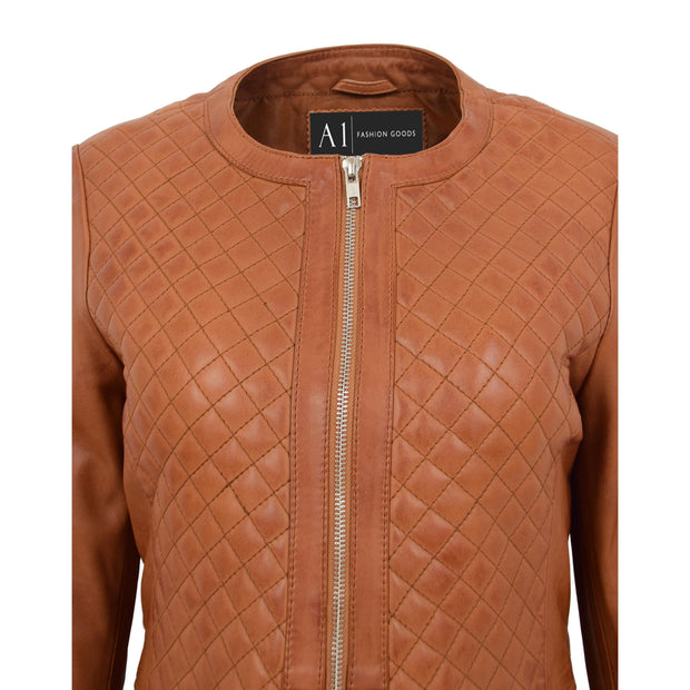 Women Collarless Cognac Leather Jacket Fitted Quilted Zip Up - Remi Feature 2