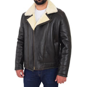 Mens Real Sheepskin Flying Jacket X-Zip Shearling Aviator Bomber Coat Stealth Brown White Front Open 3
