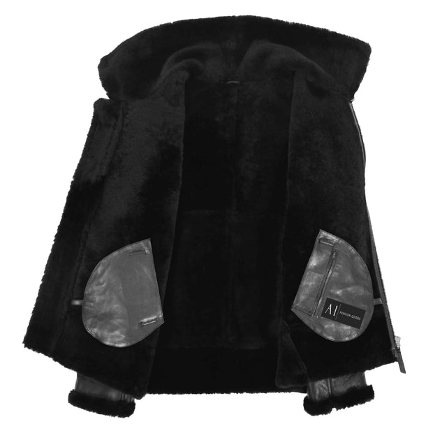 Genuine Sheepskin Flying Jacket For Men B3 Bomber Shearling Coat Thunder Black Lining