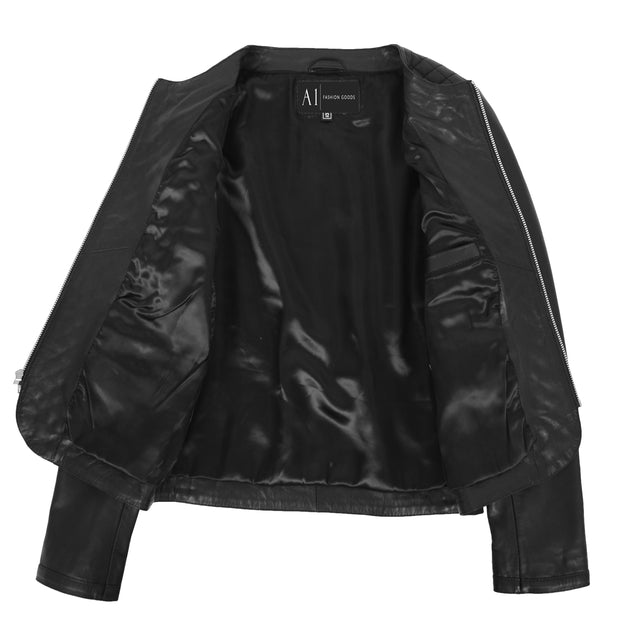 Women Collarless Black Leather Jacket Fitted Quilted Zip Up - Remi Lining