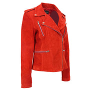 Womens Genuine X-Zip Fitted Biker Red Suede Leather Jacket Rusty 6