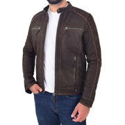 Mens Brown Waxed Skipper Real Leather Biker Style Jacket Captain Open 3