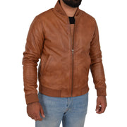 Mens Genuine Leather Bomber Jacket Varsity Coat Jaxson Cognac Front 2