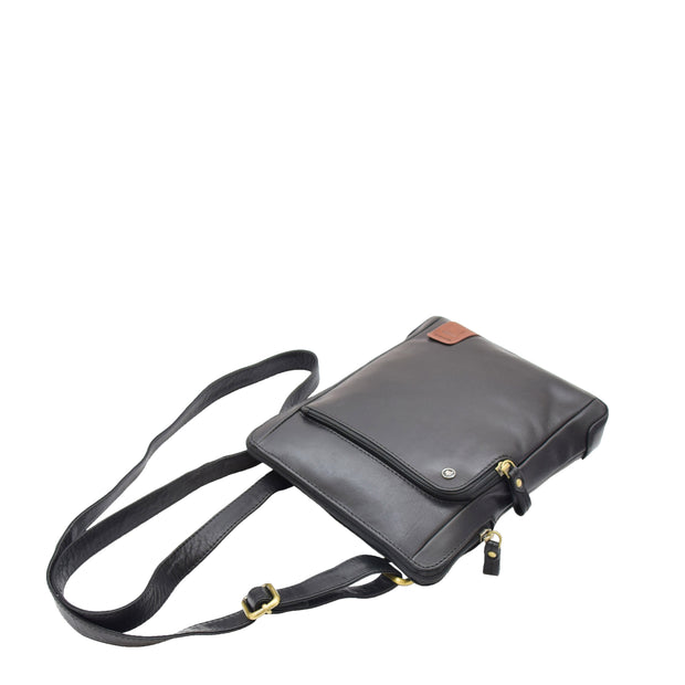 Mens Real Leather Bag Crossbody Messenger Casual Multi Pockets Flight Bag Ronnie Black